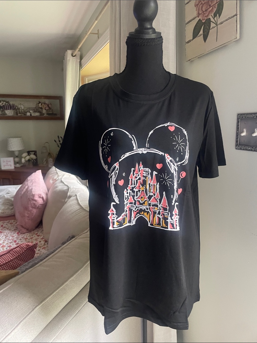 Black Short Sleeve Castle Graphic Tee with Pink Accents - Women